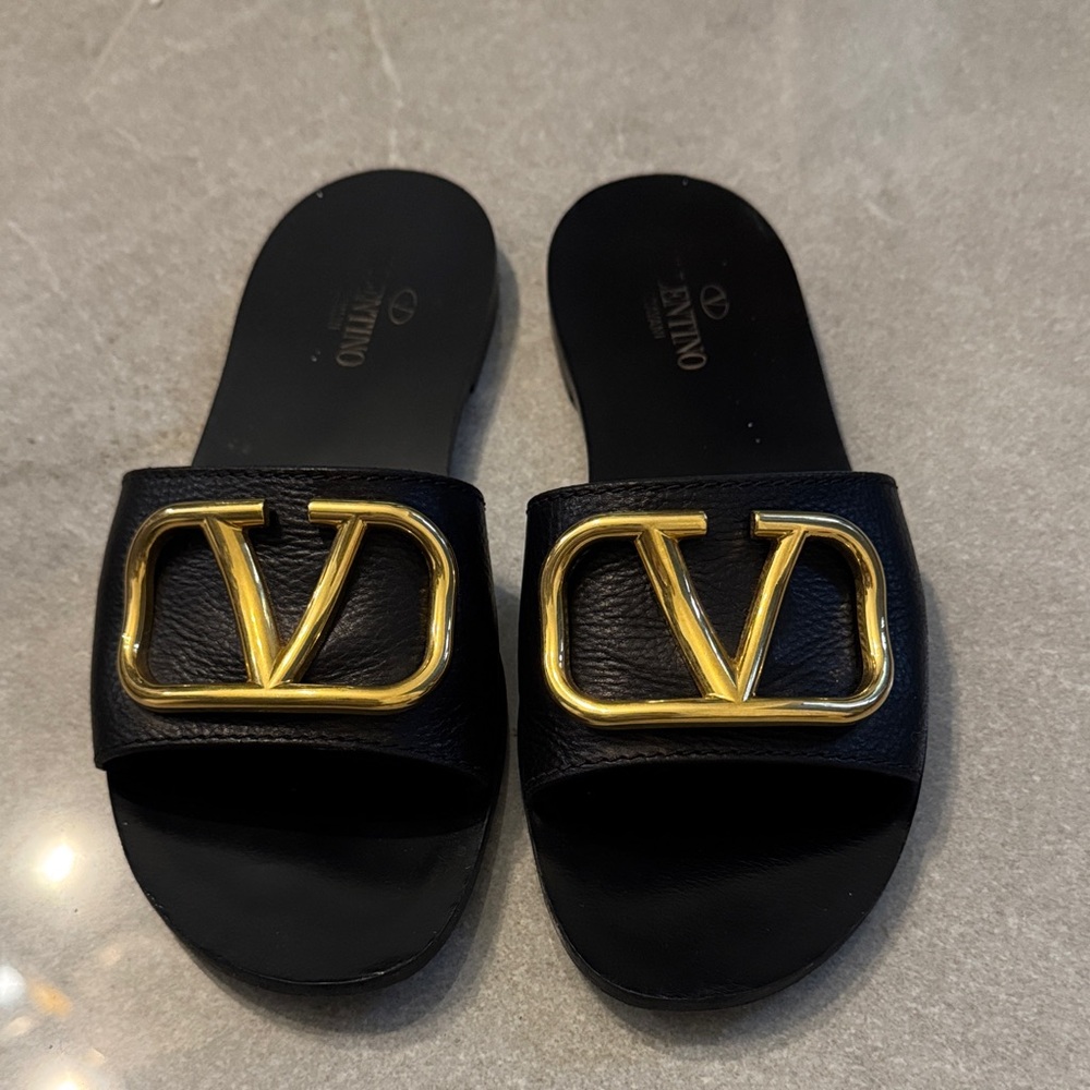Valentino Women's Sandals in Black with Gold Logo